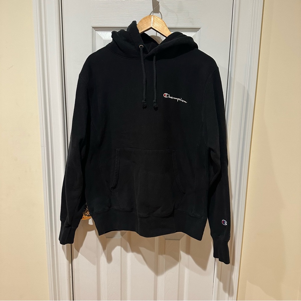 Champion Reverse Weave Black Hooded Sweatshirt Size Medium